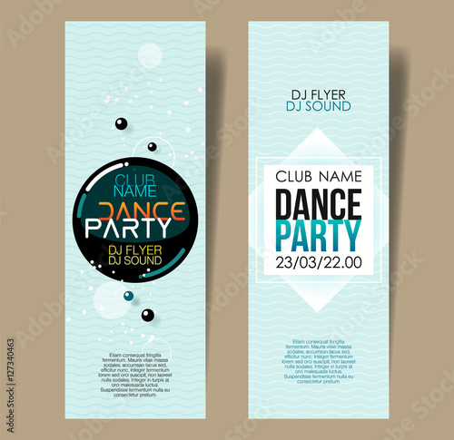 Set of two vertical light blue music party flyers with graphic elements and text.  