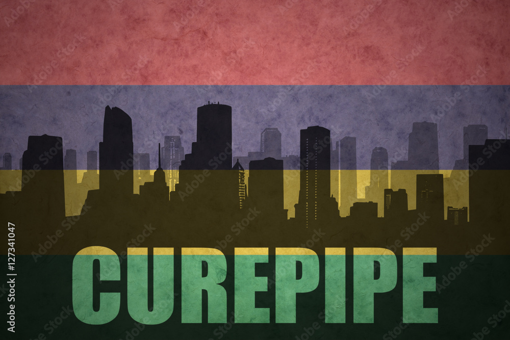 abstract silhouette of the city with text Curepipe at the vintage mauritius flag