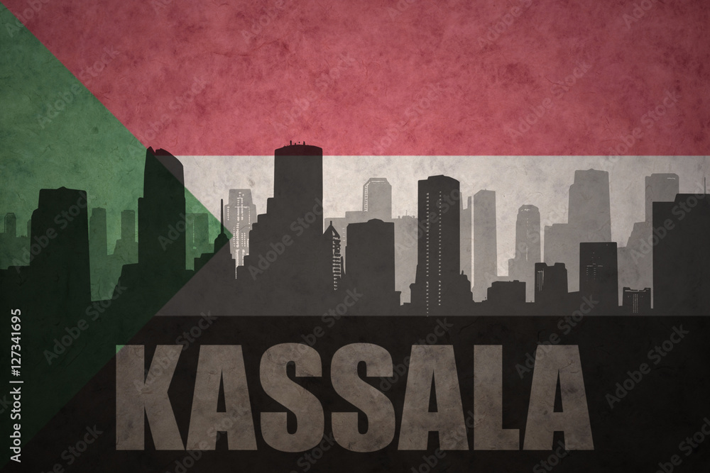 abstract silhouette of the city with text Kassala at the vintage sudanese flag