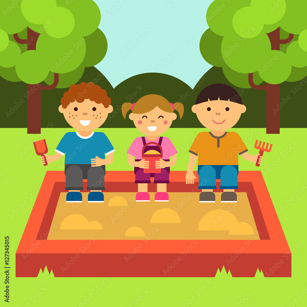 Children playing in the sandbox. Children's playground. Baby-themed flat stock illustration with isolated elements. Children playing in the sandbox. Children's playground. Baby-themed flat stock illustration with isolated elements.