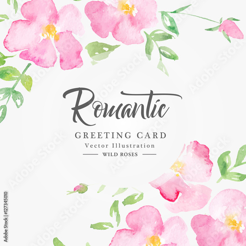 Watercolor floral background with pink wild roses