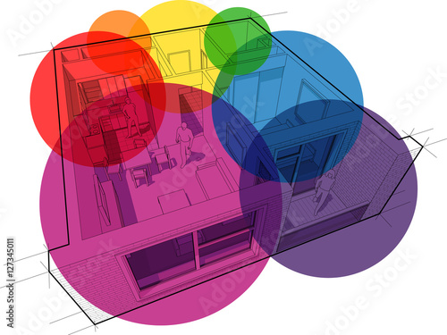 Perspective cut away diagram of a one bedroom apartment completely furnished with circular colorful zone bubbles 