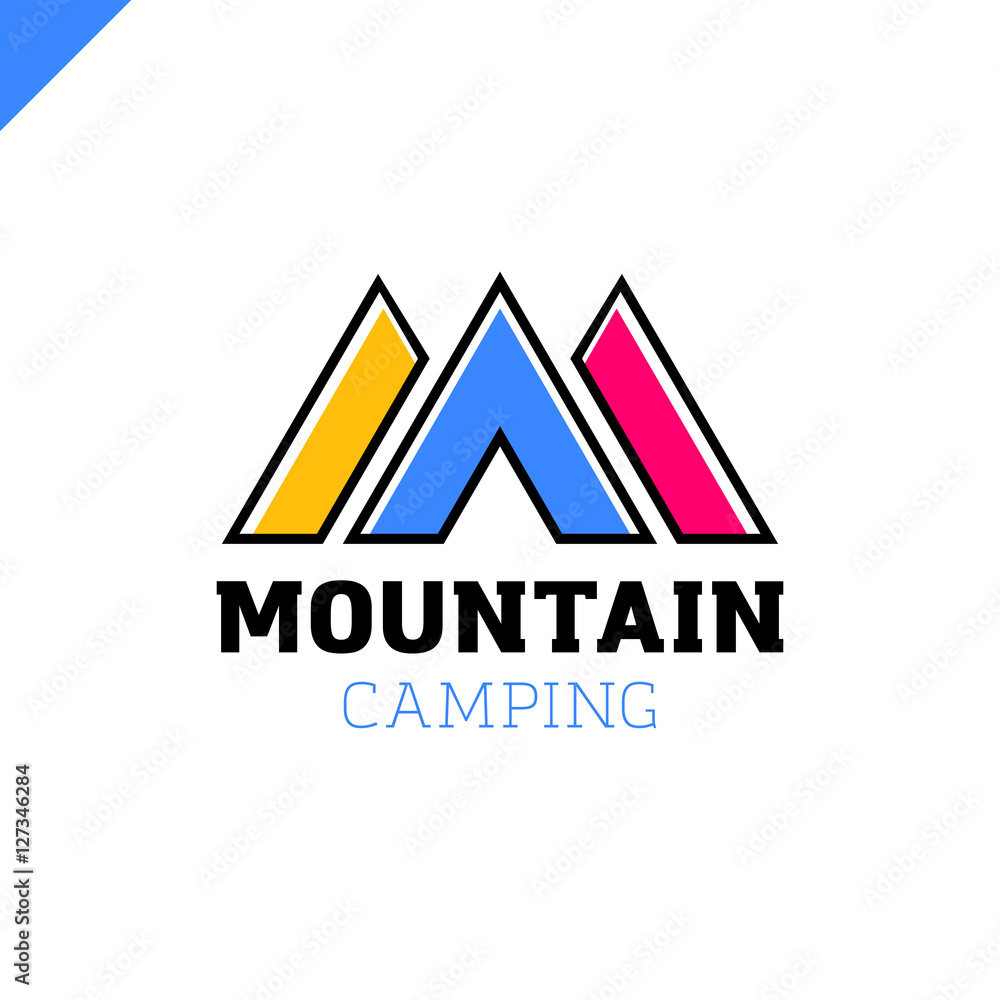 Logo of mountains in style of M and camping tent icon. Camp logotype Logo of mountains in style of M and camping tent icon. Camp logotype