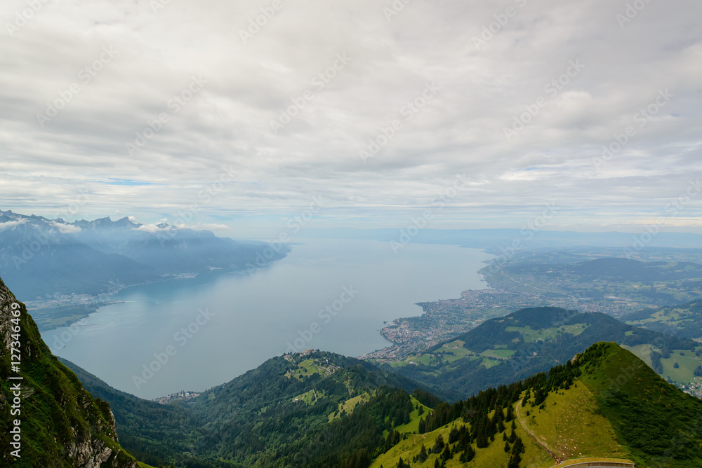Lake Geneva and Montreux city from the view platform on Rochers-de-Naye