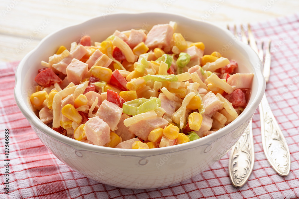 Salad with celery roots,corn, leek, pepper, ham and natural yogurt. Salad with celery roots,corn, leek, pepper, ham and natural yogurt.
