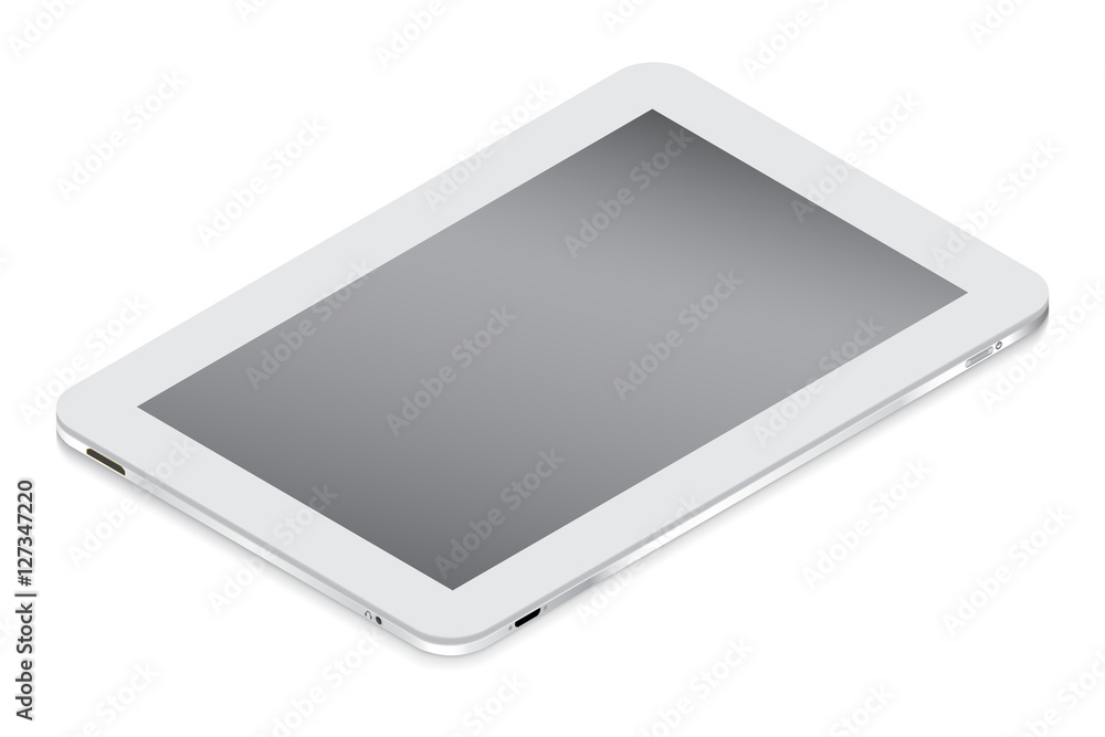 Realistic white tablet in isometry isolated on a light background. Realistic white tablet in isometry isolated on a light background.