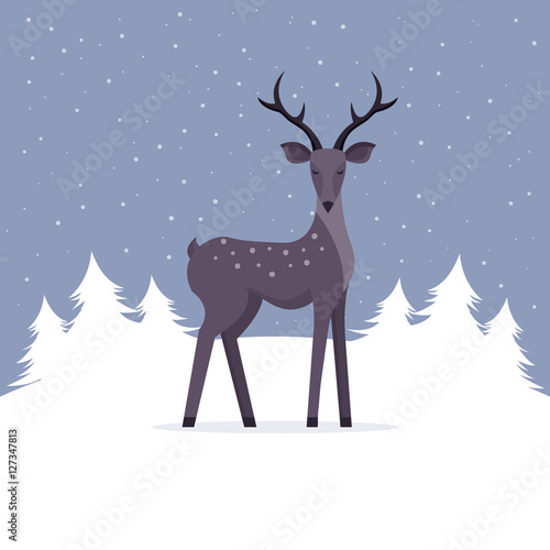 Winter Christmas Landscape with Deer. Flat Design Style.  © bubble86
