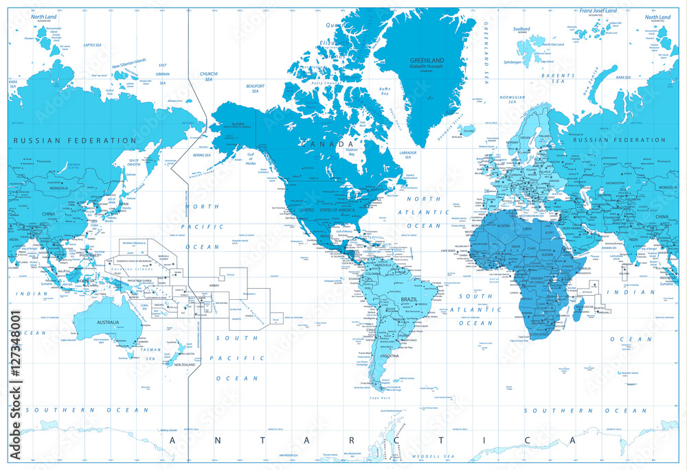 World map continents in colors of blue. America in center