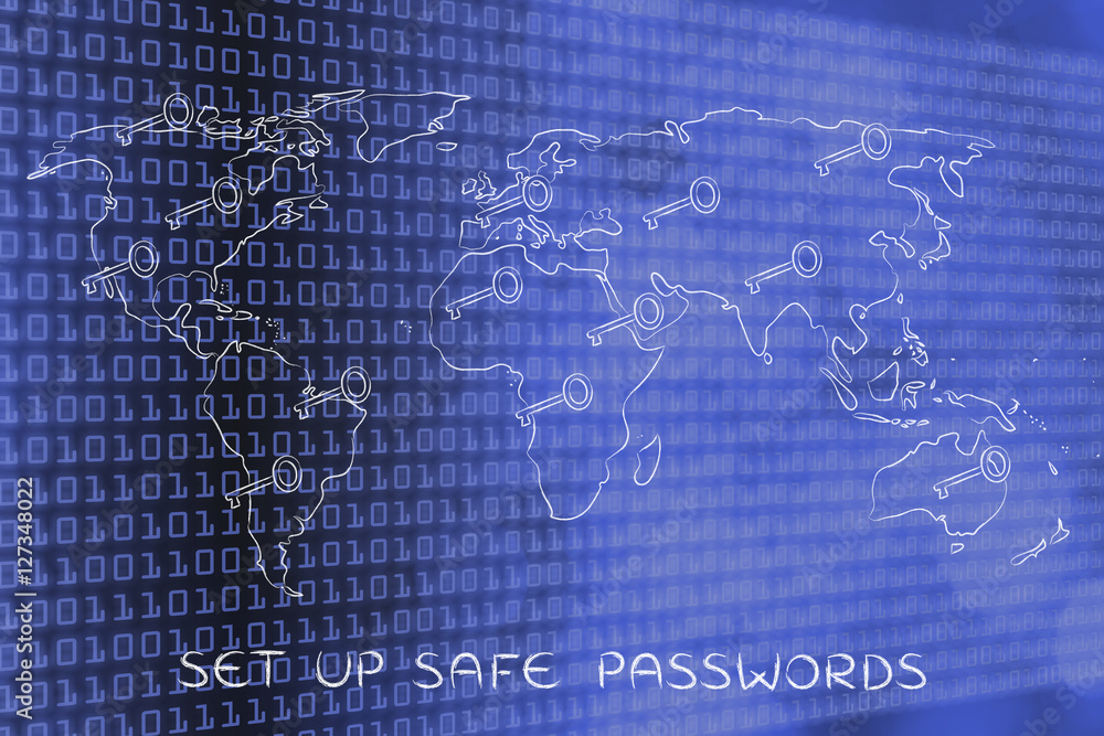 world map with keys, concept of passwords & connection security world map with keys, concept of passwords & connection security
