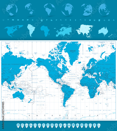 Fototapeta Naklejka Na Ścianę i Meble -  World Map, Globes and Navigation Icons. America in center