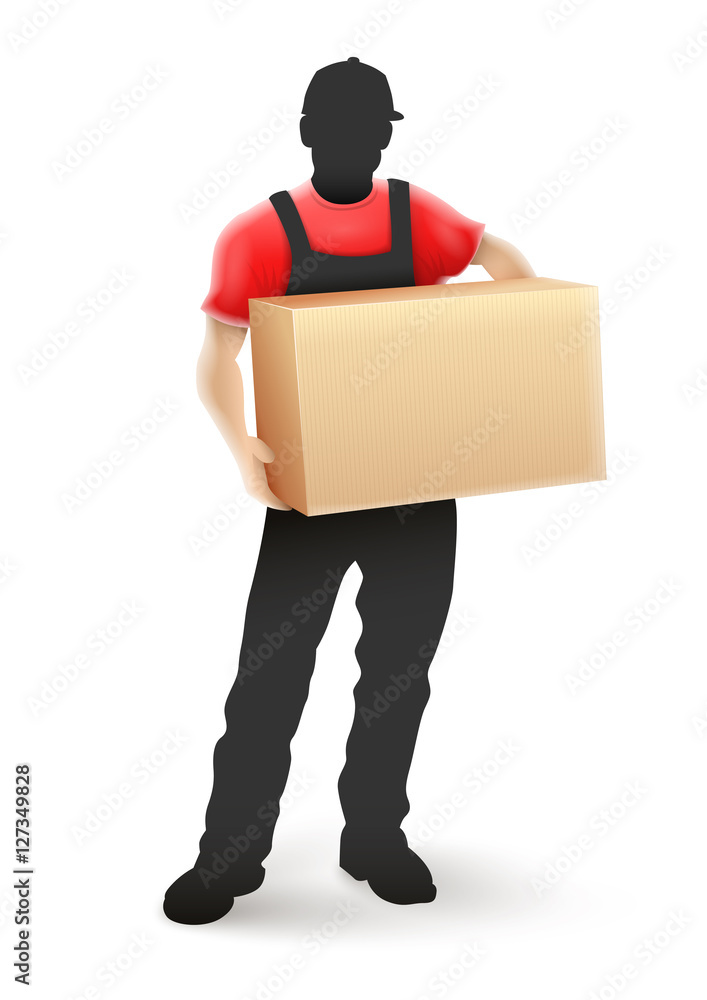 Delivery service man postman in black uniform holding Delivery service man postman in black uniform holding