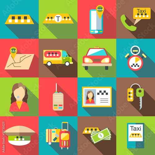 Taxi service icons set. Flat illustration of 16 taxi service vector icons for web