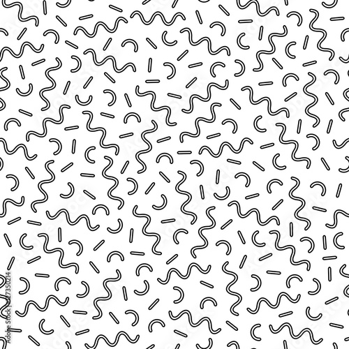 Vector seamless retro memphis pattern with geometric elements. Chaotic trendy geometry in hipster style. Suitable for posters, covers, prints.