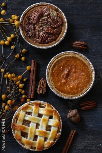 Top down view of 3 different pies - apple pie pumpkin pie and Pecan pie