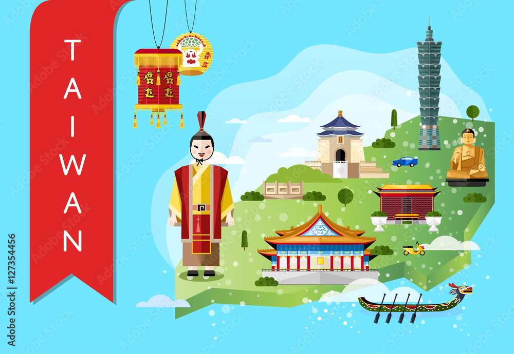 Obraz premium Taiwan famous landmarks and travel map with asian man in traditional dress on blue background, vector illustration. Time to travel concept. Asian architecture and traditional symbols in flat design.