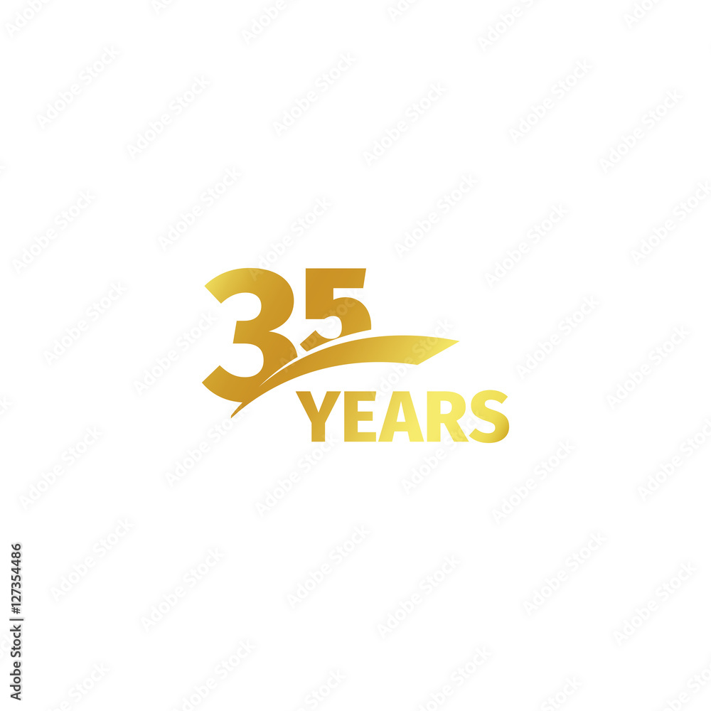 Isolated abstract golden 35th anniversary logo on white background. 35 number logotype. Thirty-five years jubilee celebration icon. Birthday emblem. Vector illustration.