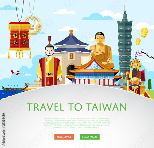 Travel to Taiwan vector illustration with famous asian buildings and other traditional symbols. Time to travel concept. Worldwide traveling. Asian architecture attractions. Taiwan landmarks banner