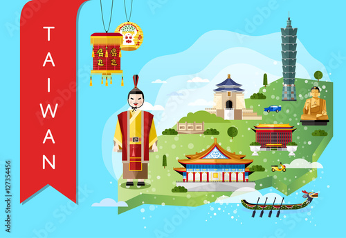 Taiwan famous landmarks and travel map with asian man in traditional dress on blue background, vector illustration. Time to travel concept. Asian architecture and traditional symbols in flat design.