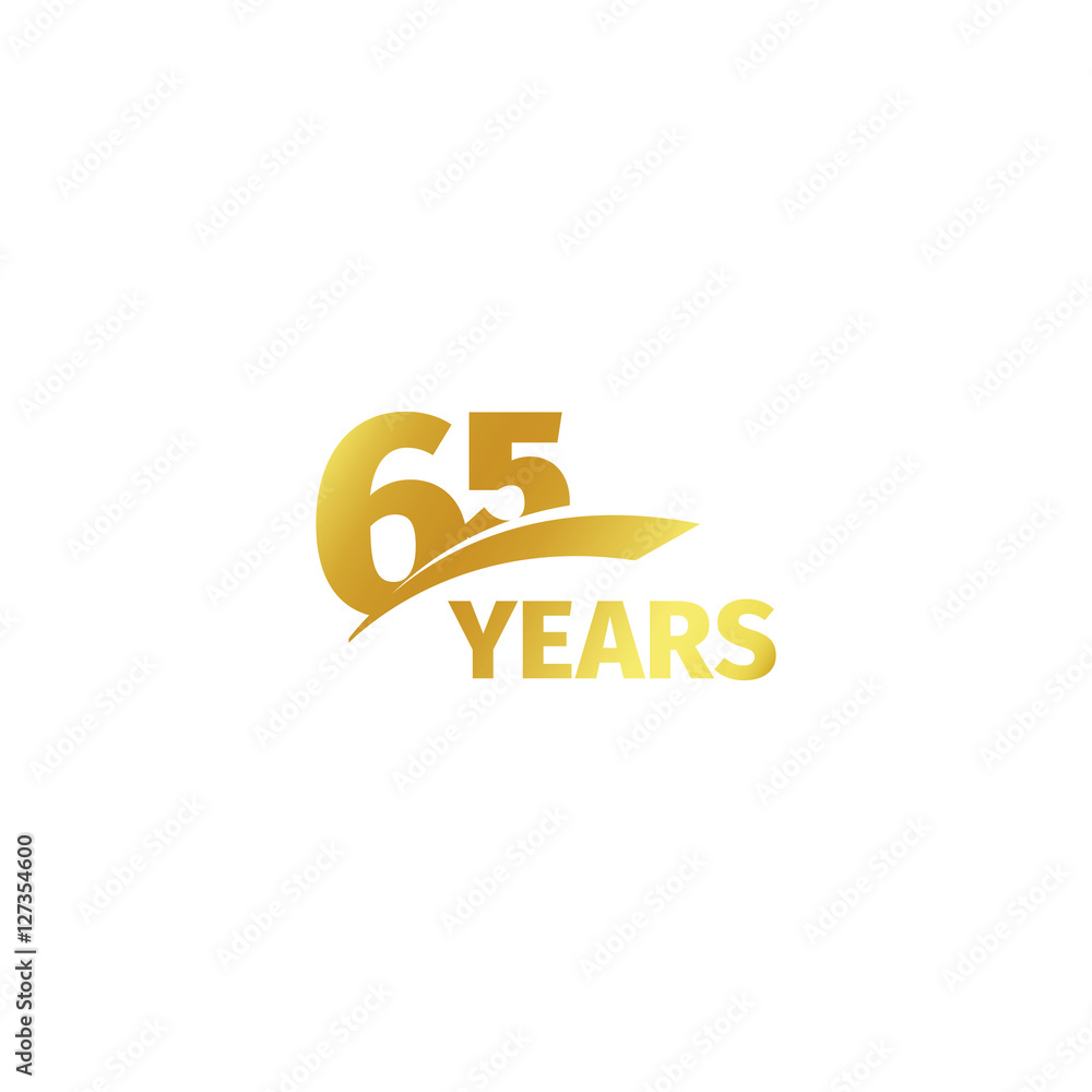 Isolated abstract golden 65th anniversary logo on white background. 65 number logotype. Sixty-five years jubilee celebration icon. Birthday emblem. Vector illustration.