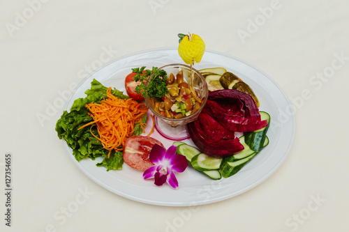 Food on a plate restaurant meat fish white background photo