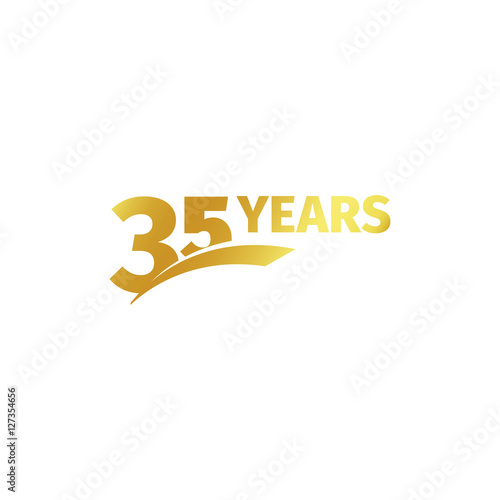 Isolated abstract golden 35th anniversary logo on white background. 35 number logotype. Thirty-five years jubilee celebration icon. Birthday emblem. Vector illustration.