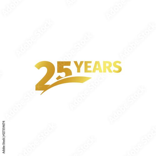 Isolated abstract golden 25th anniversary logo on white background. 25 number logotype. Twenty-five years jubilee celebration icon. Birthday emblem. Vector illustration.