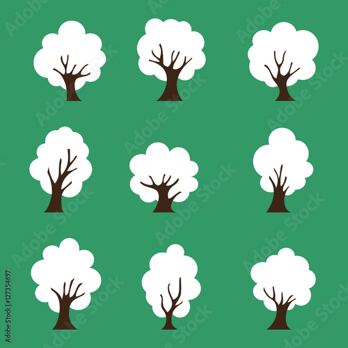 Tree icons set, isolated on green background, vector illustration.