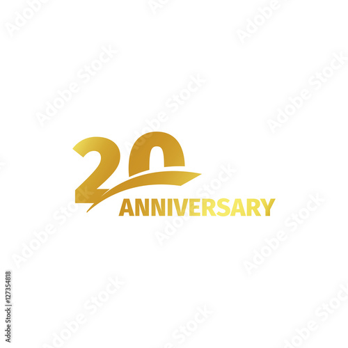 Isolated abstract golden 20th anniversary logo on white background. 20 number logotype. Twenty years jubilee celebration icon. Twentieth birthday emblem. Vector illustration.