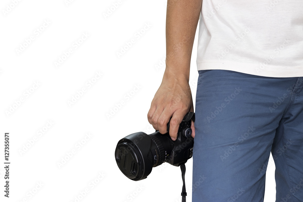 Photographer holding a camera (DSLR) isolated on white background, Sport and Travel adventure concept with copy space. Photographer holding a camera (DSLR) isolated on white background, Sport and Travel adventure concept with copy space.