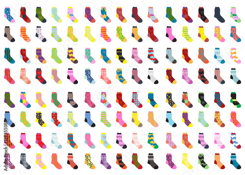 Socks big set icons. Socks collection, flat design. Socks isolated on white background. Warm woolen socks with cute patterns. Winter socks. Vector illustration photo
