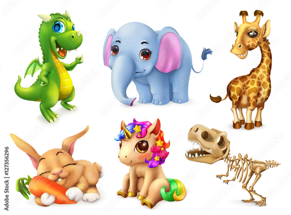 Funny animal set. Happy bunny, rabbit, cute unicorn, small dragon, baby  elephant, giraffe, dinosaur. 3d vector icon Stock Vector | Adobe Stock