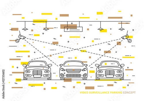 Video surveillance parking vector concept with decorative colorful elements. Security camera in indoor parking lot car creative concept.
