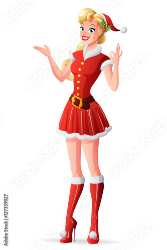 Vector woman in red Christmas Santa outfit showing OK sign.