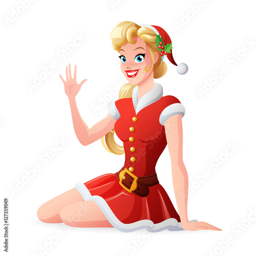 Vector woman in red Christmas Santa outfit greeting and waving.