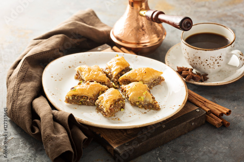 Homemade baklava with nuts and honey