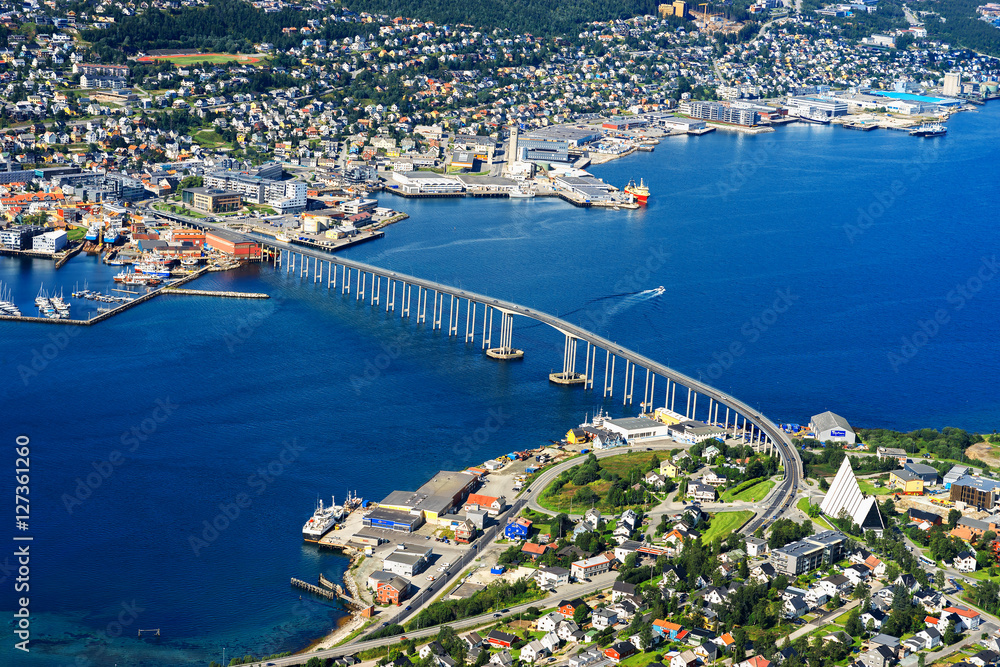 Fototapeta premium Tromso bridge from high altitude mountain background