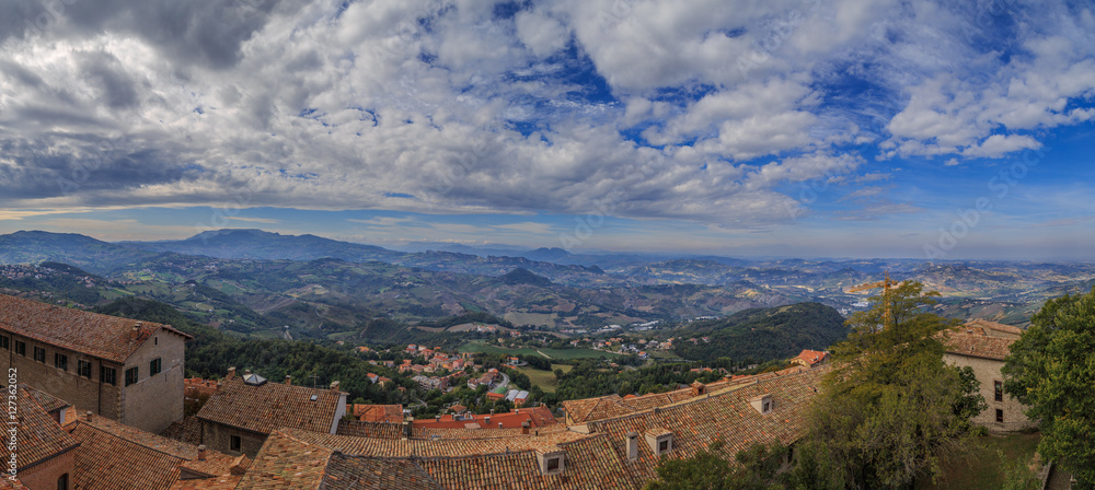 Panoramic view from Monte Titano in the state of San Marino in Italy