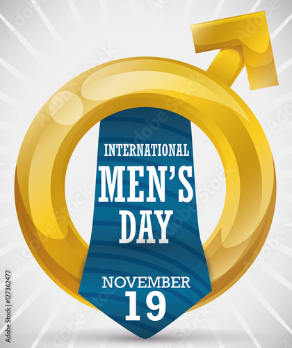 Golden Masculine Symbol and Tie Commemorating International Men's Day, Vector Illustration
