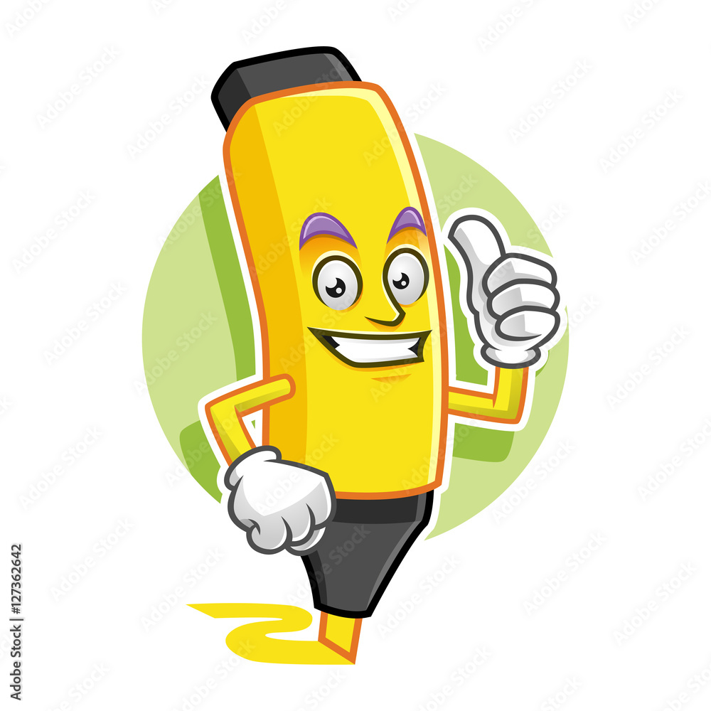 Thumb up Highlighter mascot, Highlighter character, Marker cartoon