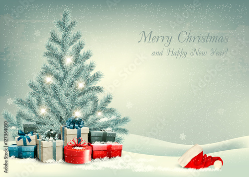Retro Christmas background with a Christmas tree and presents wi
