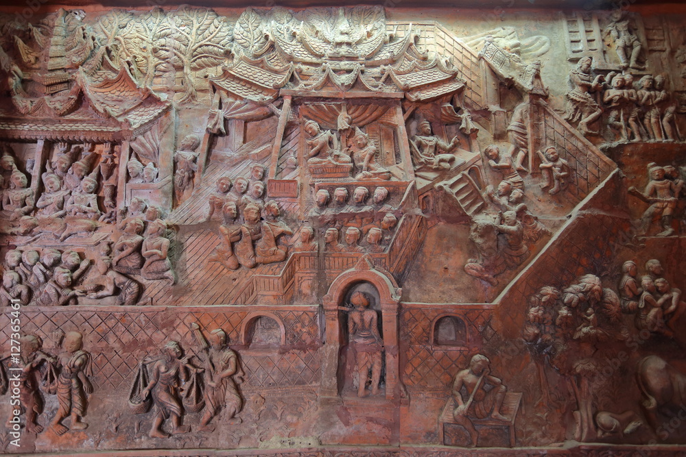 Carving Pictures on wood of Wat Phra That Suthon Mongkol Khiri Temple in Phrae, Thailand