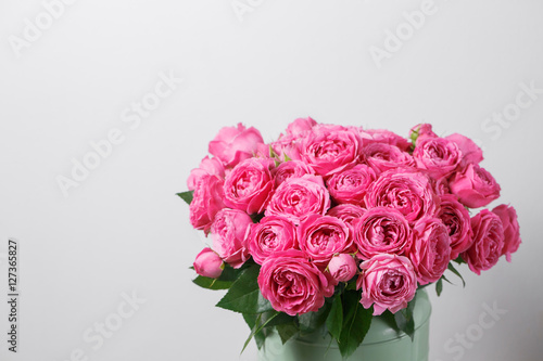 layered petals like a peony, gradient. beautiful bouquet rose close-up. colorful pink air color.