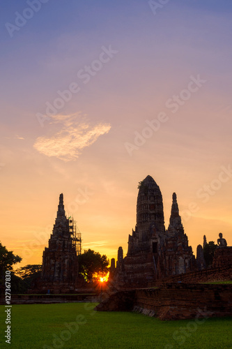 Wat (Buddhist temple) Chaiwatthanaram(name) at Ayutthaya, Thailand in twilight and sunset, Ancient