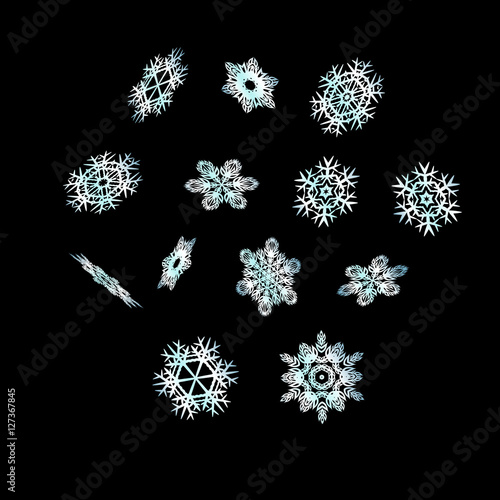 Set of 3d blue snowflakes on black background. Vector christmas illustration.