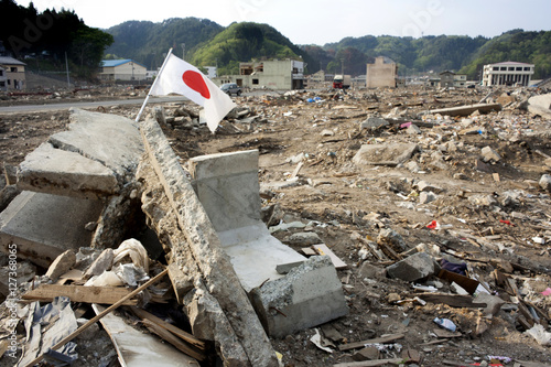 After earthquake and tsunami ,destroyed town on the Pacific	 photo
