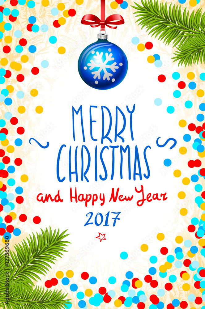 Merry Christmas and Happy New Year 2017 greeting card, vector illustration. confetti on the table, a hand-written inscription 