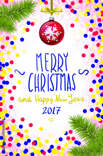 Merry Christmas and Happy New Year 2017 greeting card, vector illustration. confetti on the table, a hand-written inscription 