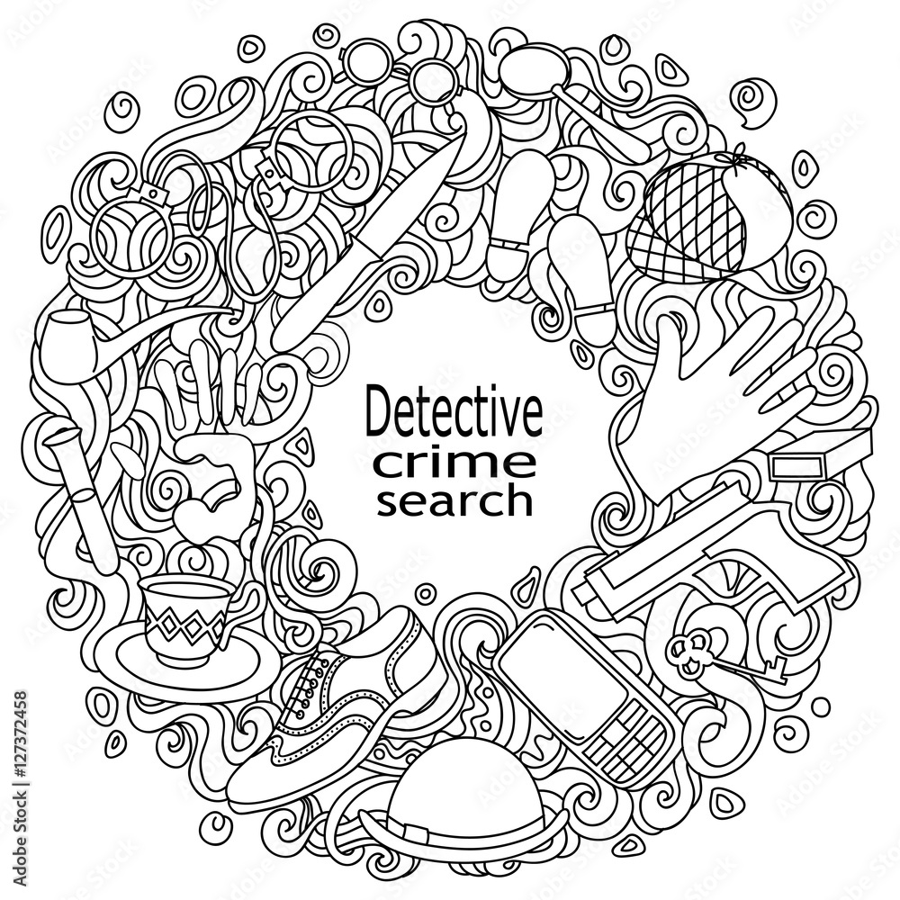 Cartoon cute doodles hand drawn Detective and criminal vector illustration. Sketch detailed, with lots of objects background.