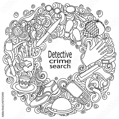 Cartoon cute doodles hand drawn Detective and criminal vector illustration. Sketch detailed, with lots of objects background.