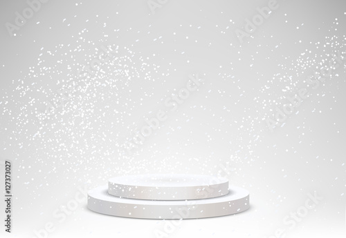 3d Empty white podium on blur winter background with snow .